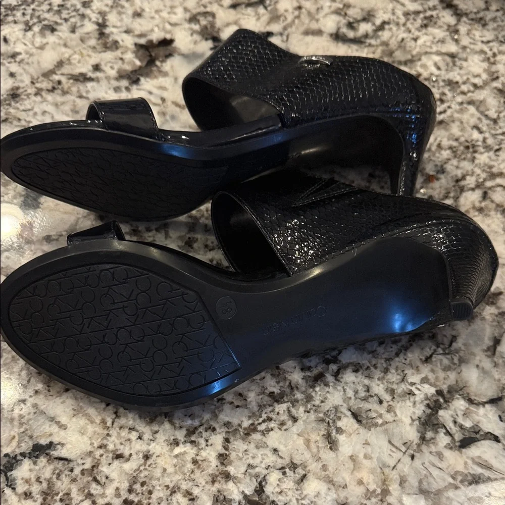 Calvin Klein Black Patent & Snake-Texture Heel Sandals - Picture 6 of 9